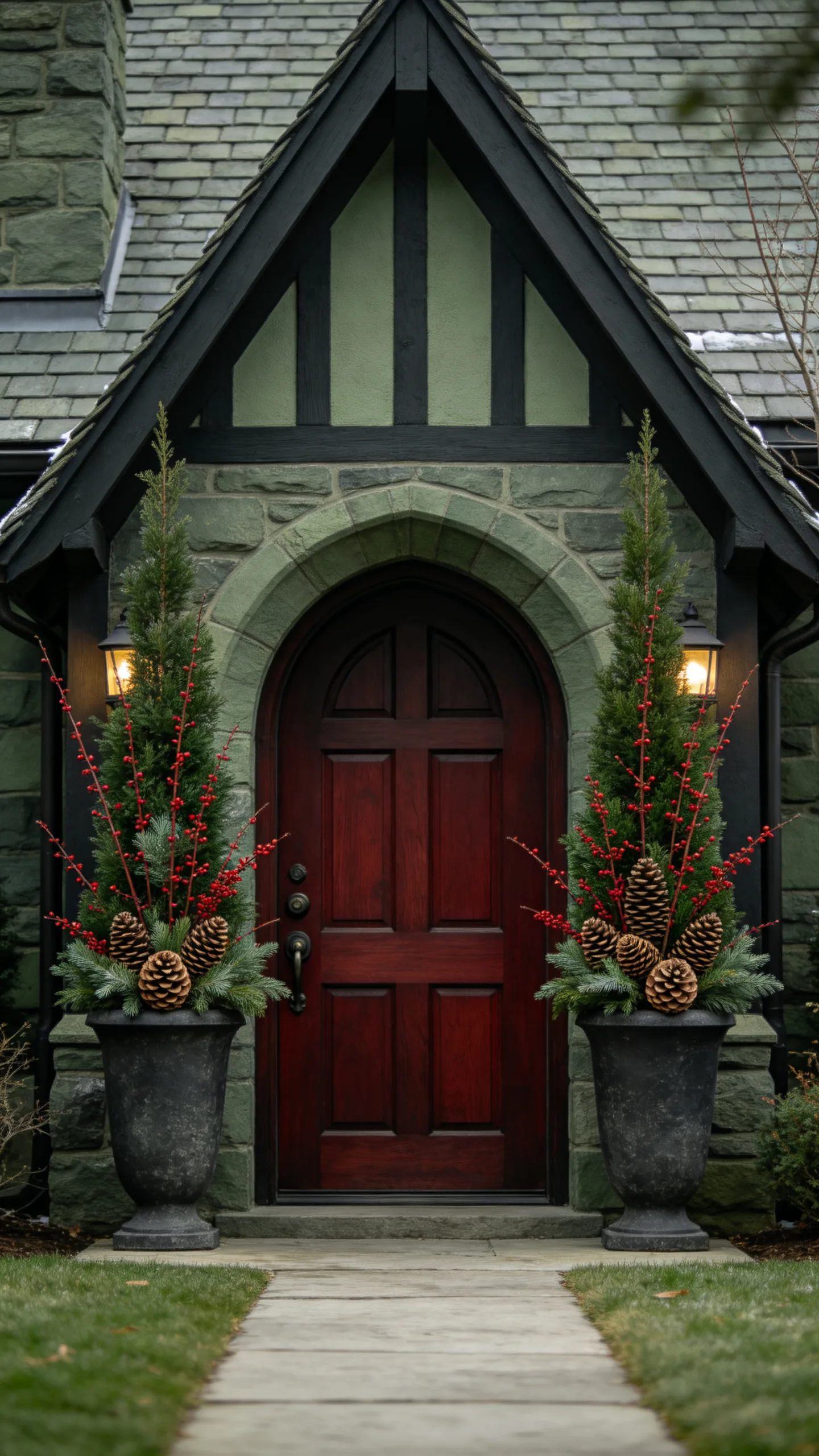 4. Add Matching Evergreen Urns at the Front Door