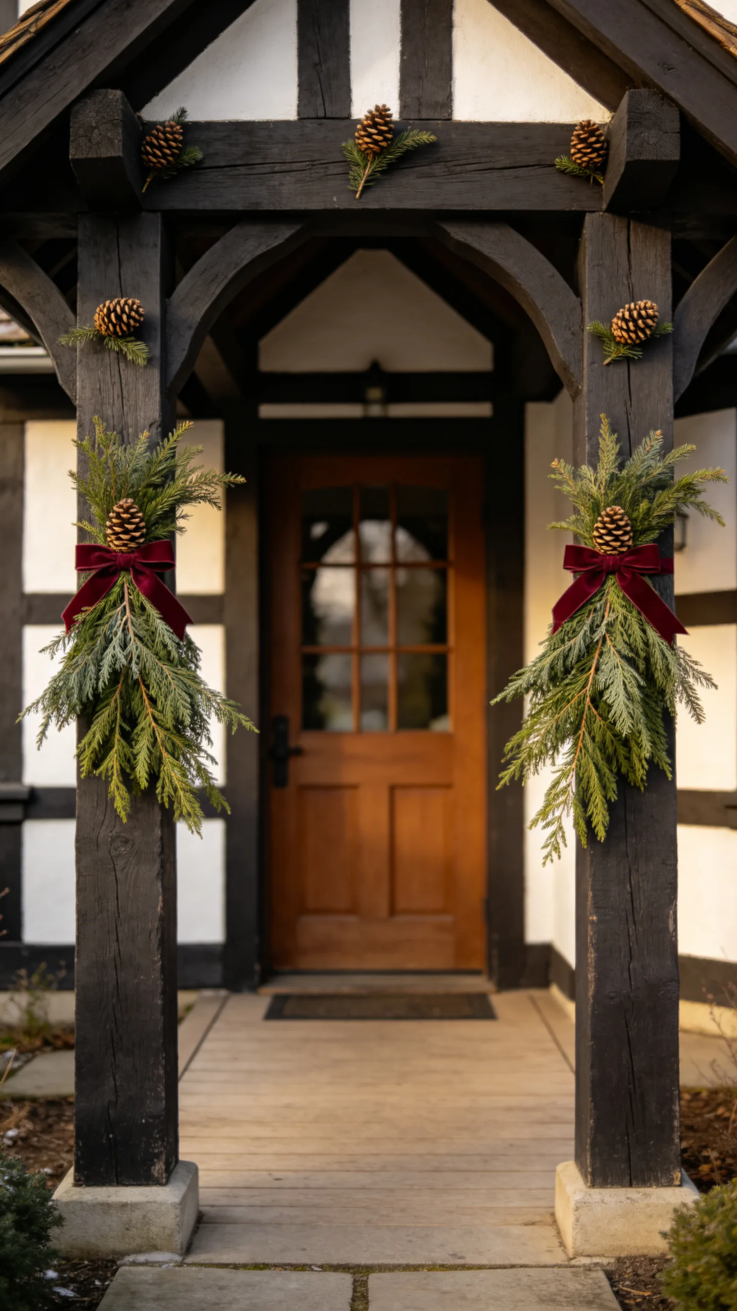 8. Wrap Porch Posts with Loose Evergreen Swags