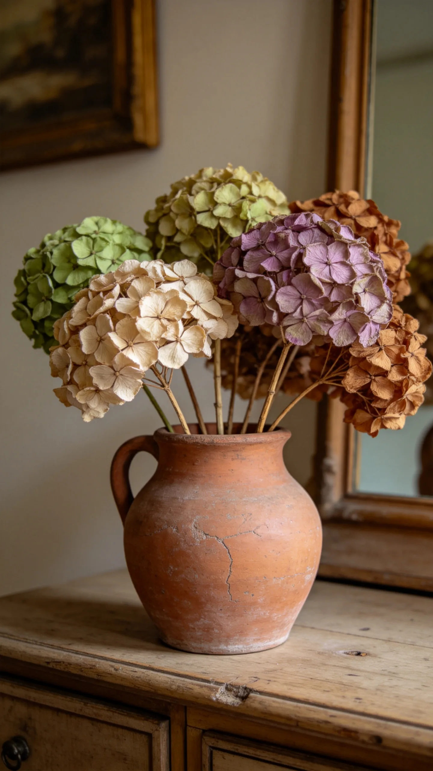 15. Display Dried Hydrangeas in an Earthenware Vase