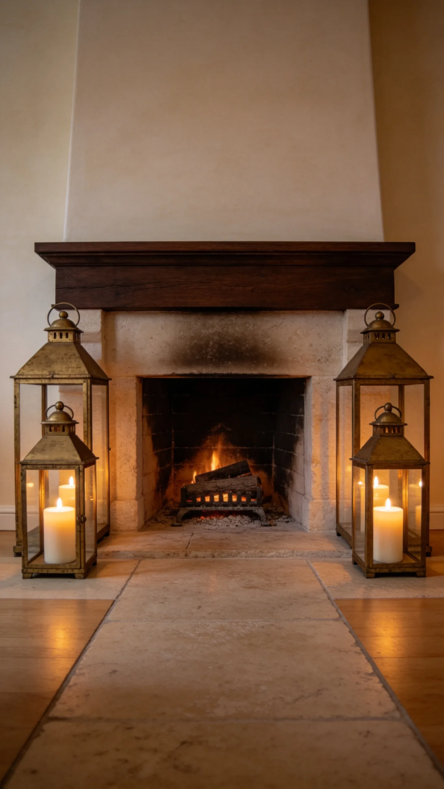 2. Frame the Fireplace With Aged Brass Lanterns