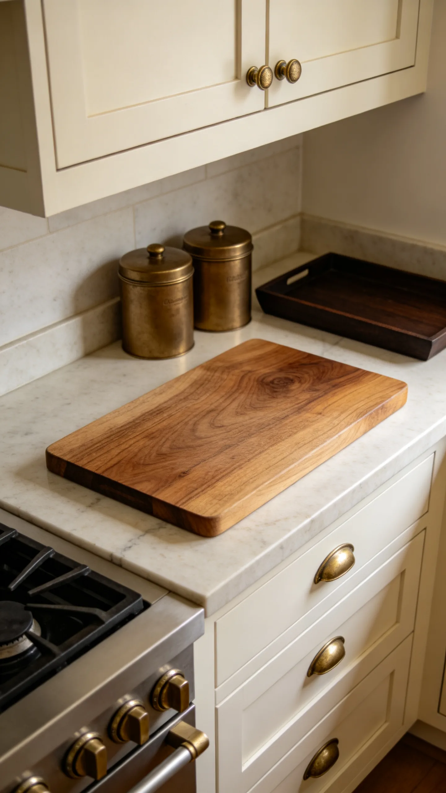 12. Add Brass Hardware and Dark Wood Accents to the Kitchen