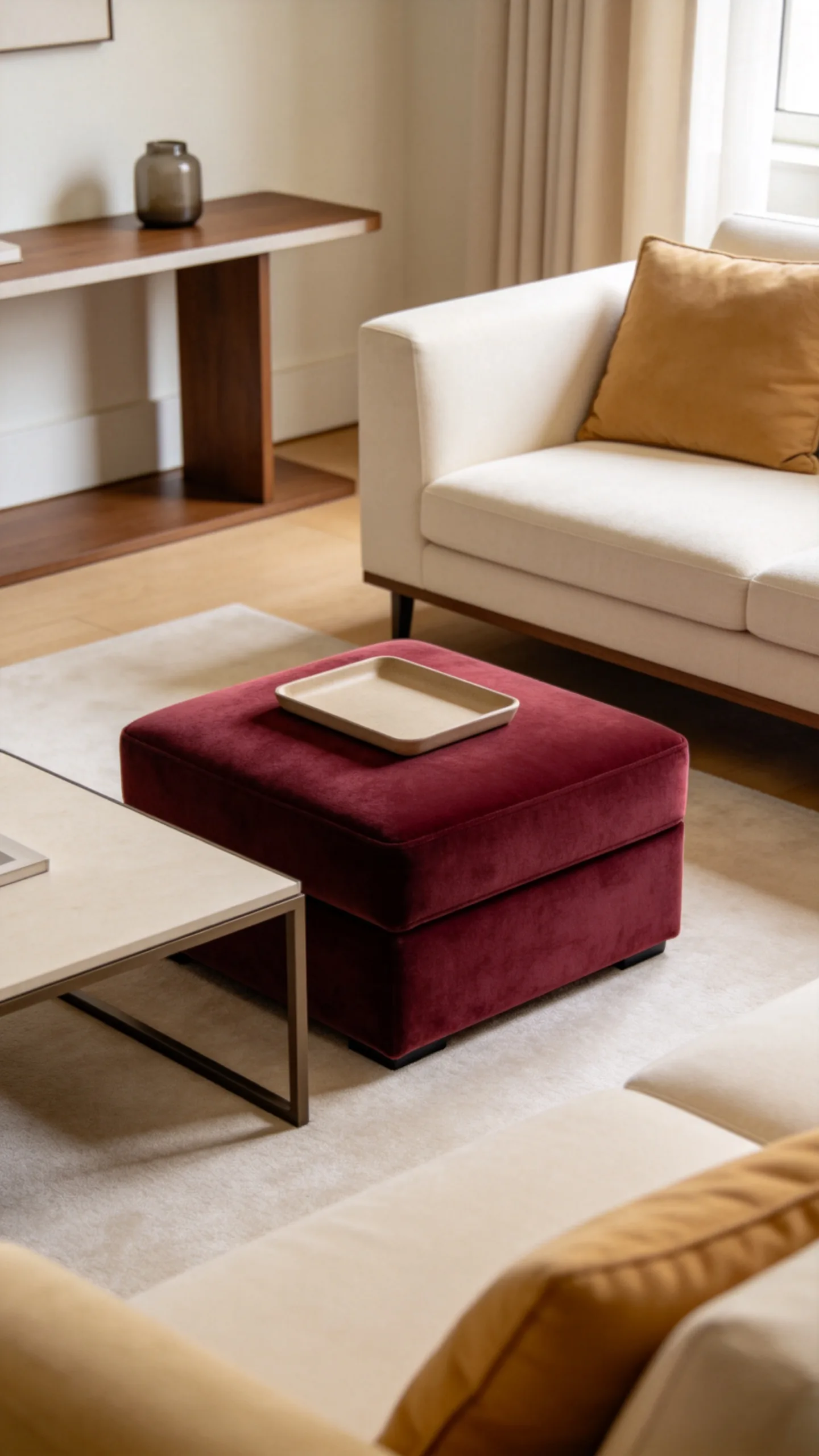 21. Add a Velvet Ottoman Instead of Extra Chairs
