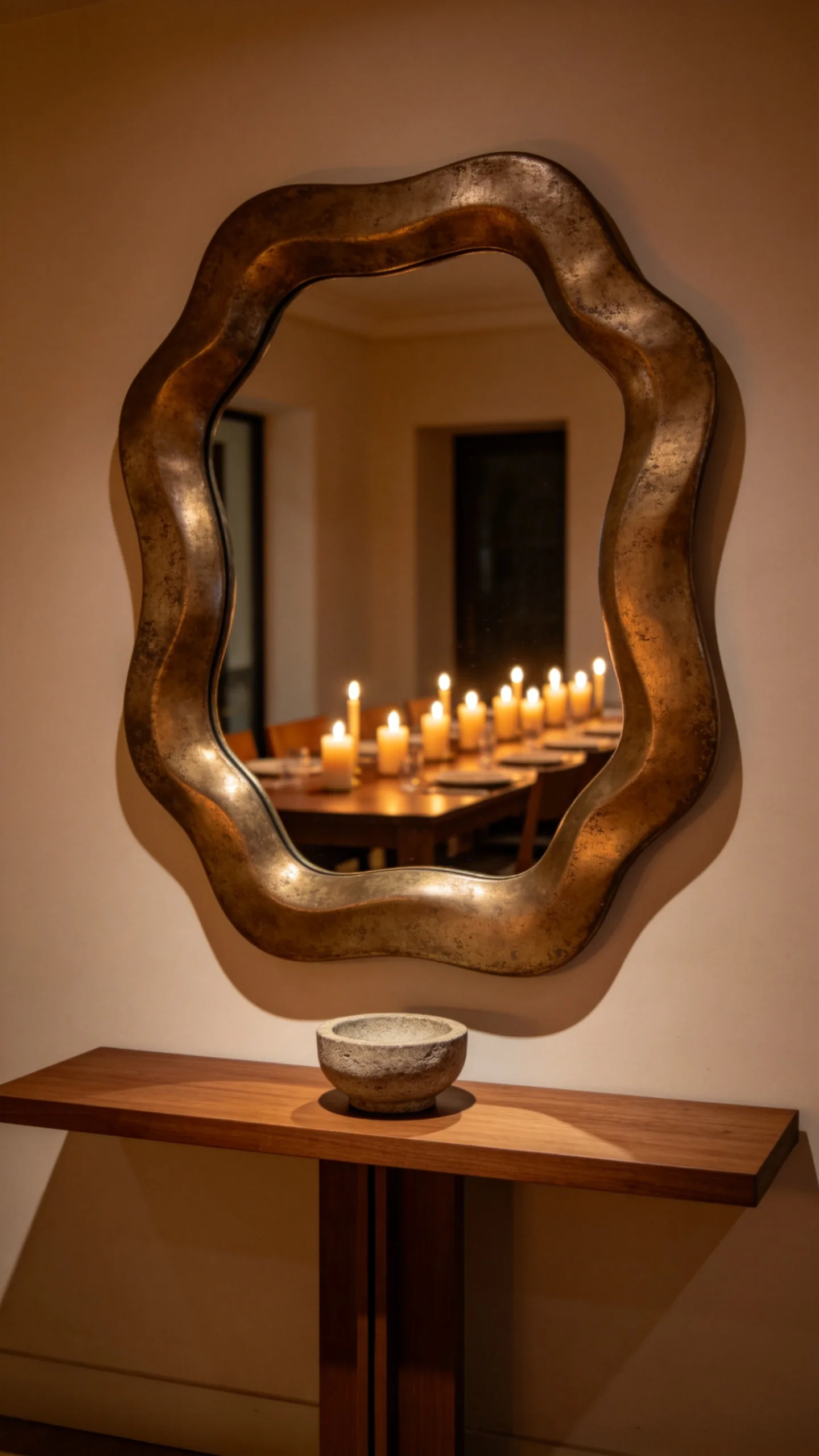 23. Use a Sculptural Mirror to Reflect Candlelight