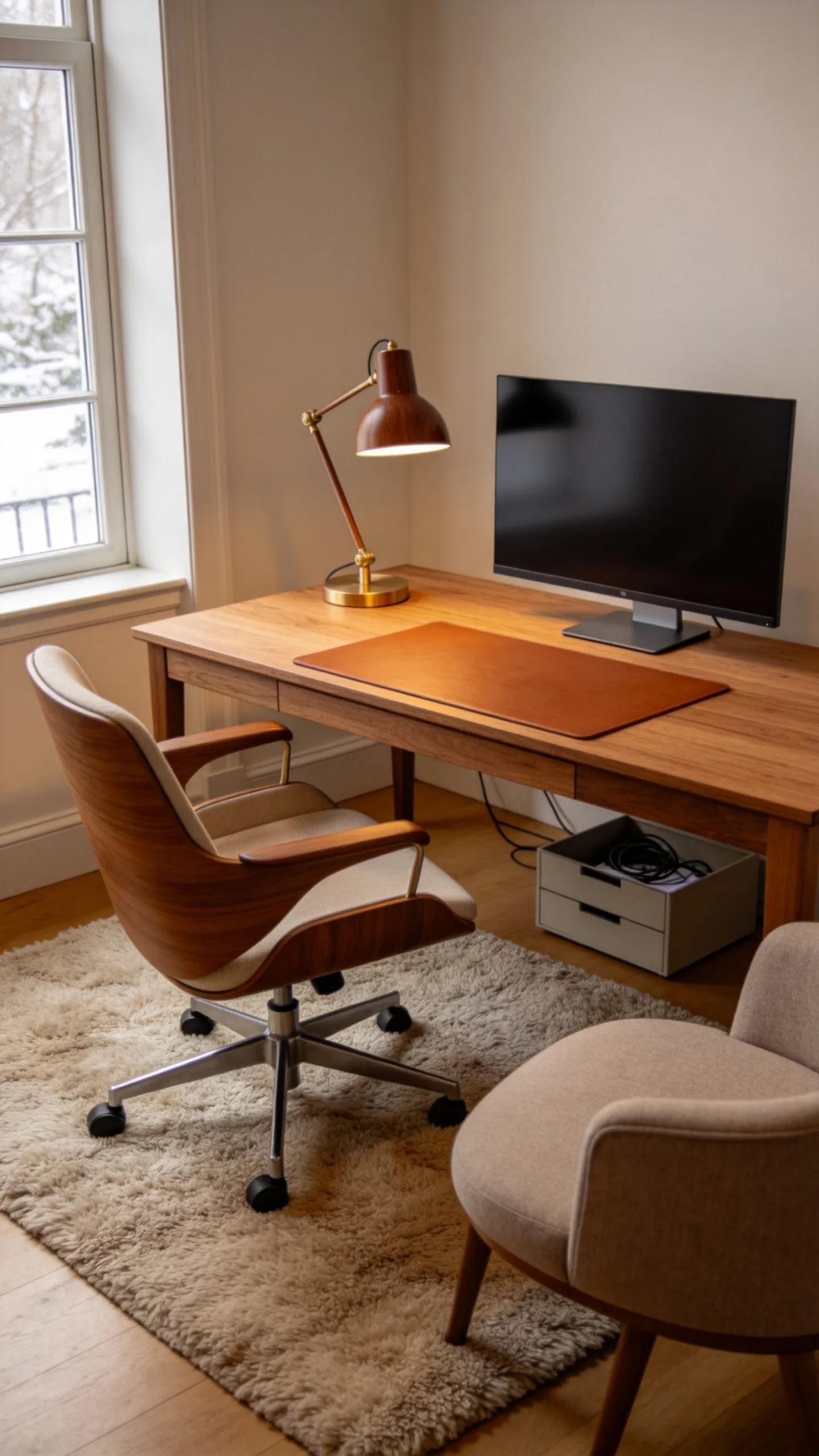 24. Make a Home Office Feel Warm With Wood and Textile Layers