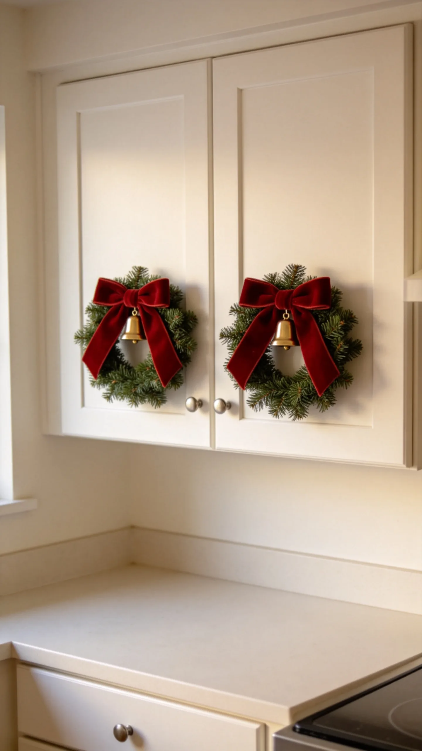 1. Hang Mini Wreaths on Upper Cabinet Doors