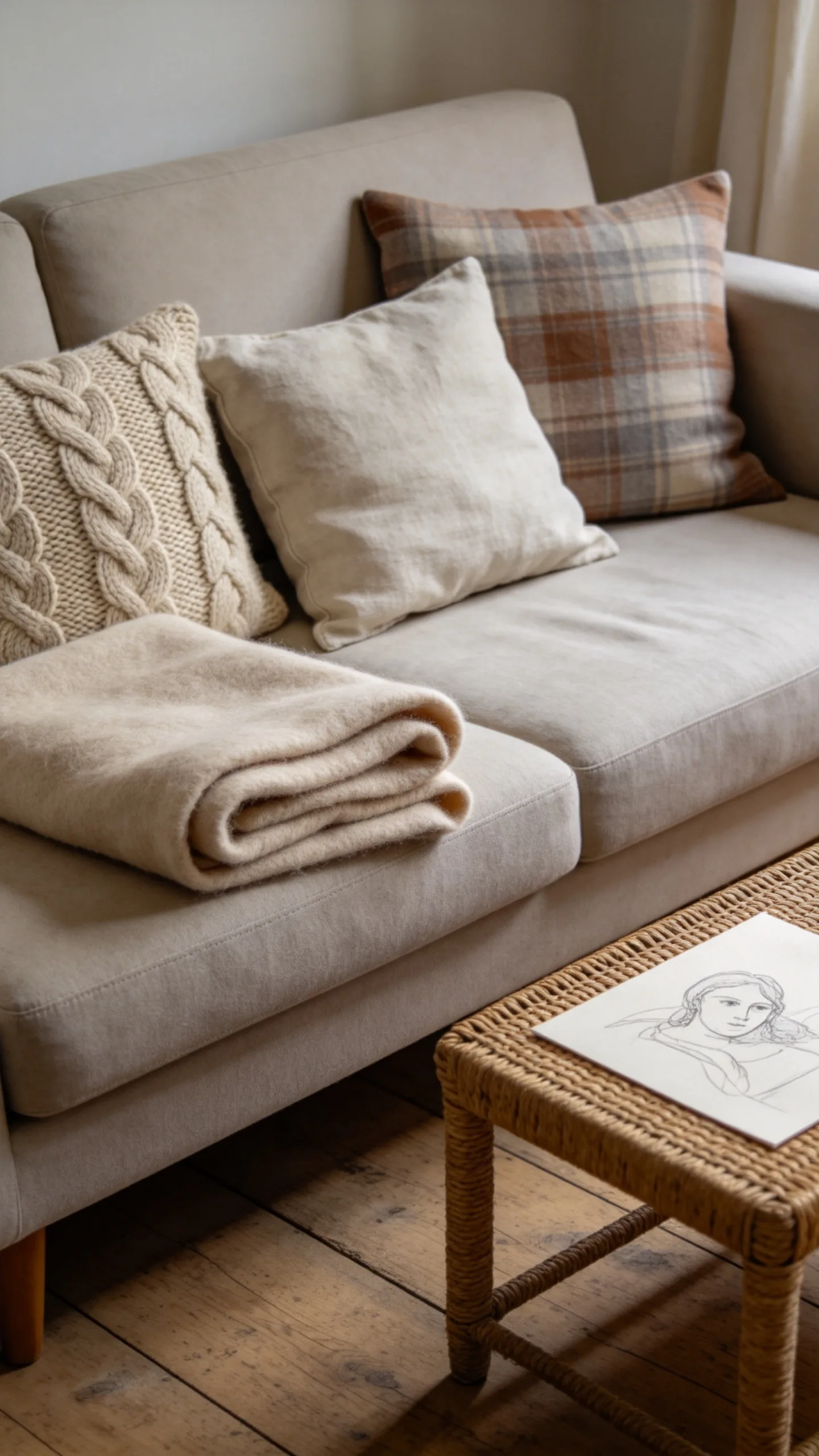 2. Layer the Sofa With Wool and Cable-Knit Textures