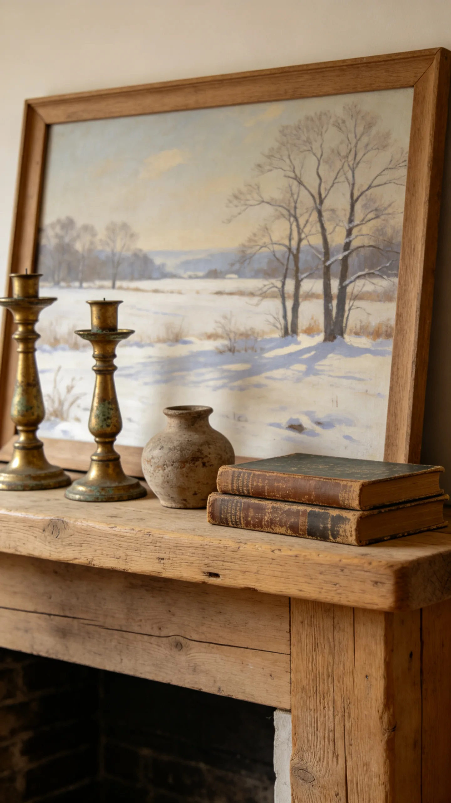 4. Style the Mantel With Vintage Winter Art